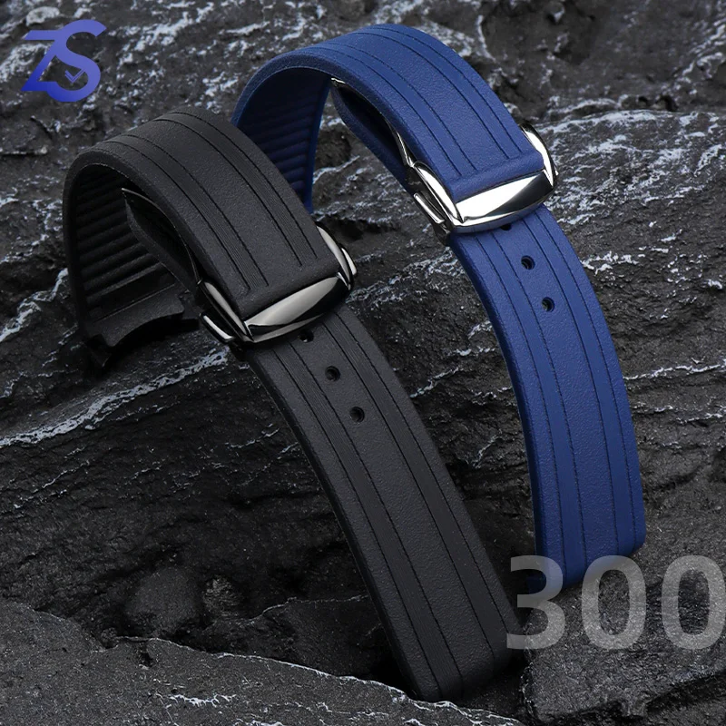 Rubber watch strap For Omega New Seamaster 300 Watchband High-Quality Watch Band Folding Clasp Curved End Watches Accessories