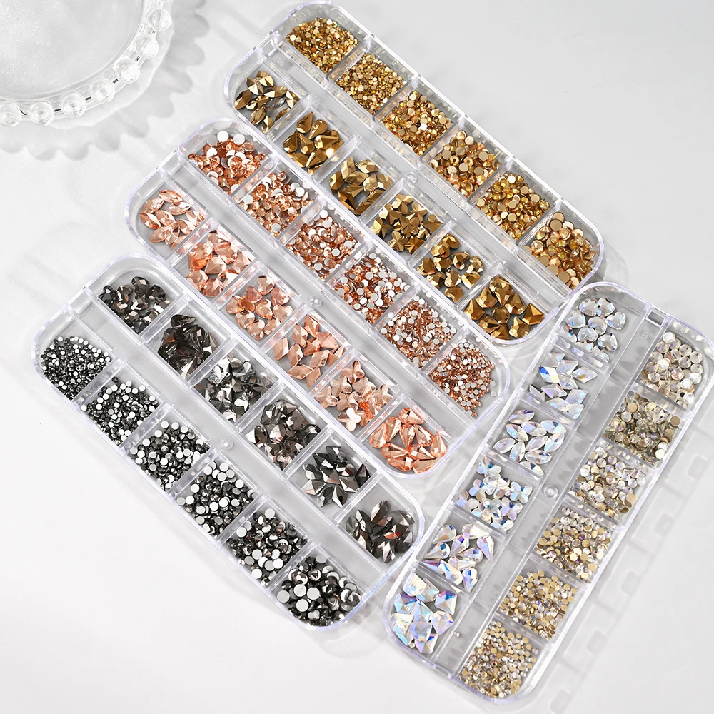 12 griglie 3D Champagne Gold Nail Art Strass a forma mista Flatback Diamanti in vetro Unghie Charms Artigianato fai da te Decorazioni per manicure