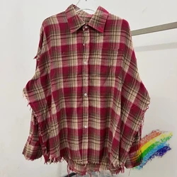 2024FW Handmade Tassels Pleated Seersucker Plaid Shirt Men Women Fashion Fit Shirts