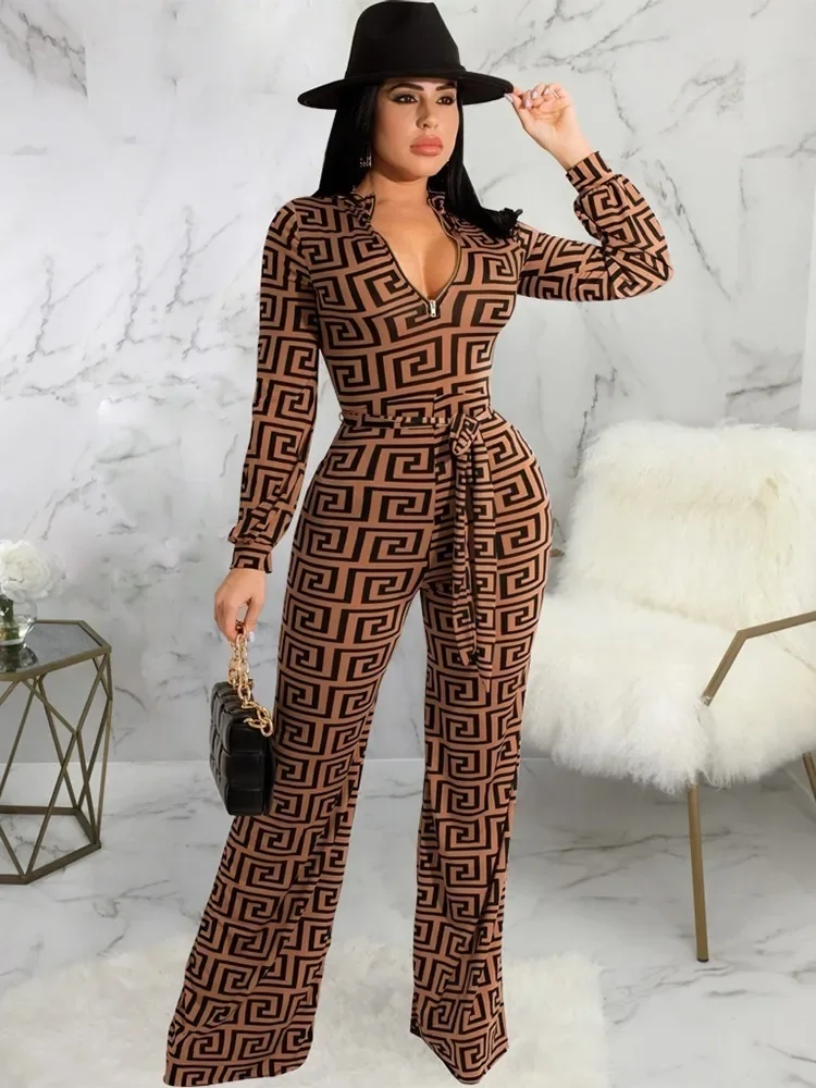 Geometric Printed Zipper Design Lace Up Jumpsuit One Fashion Casual Pieces for Women Tracksuits Elegant Female