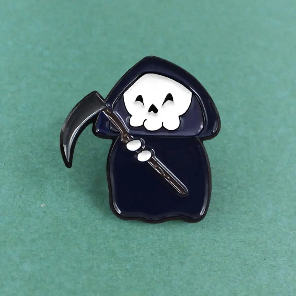 Skeleton Pin Brooch Black Cloak Death Skull Button Enamel for Women Men Hat Bag Clothes Lapel Pin Brosche Cartoon Sickle Death