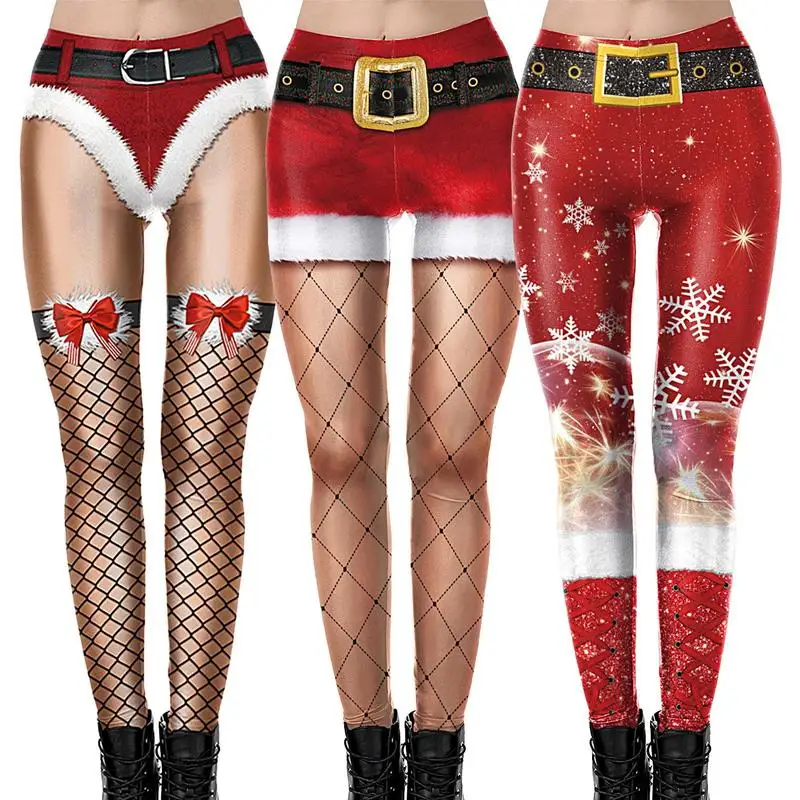 Funny Christmas Tights 3D Print Soft Stretchy Santa Leggings Ankle Length Christmas Outfit For Christmas Parties Proms