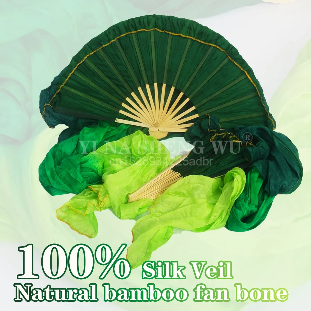 100% Real Silk Belly Dance Fans Kids Women Party Stage Performance Folding Green Long Fan Veil Flowy Light (1.2m 1.5m 1.8m )