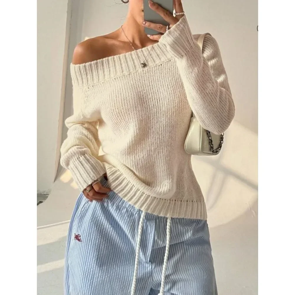 Women One Shoulder Knit Sweater, Slant Off Shoulder Long Sleeve Jumper, Elegant Slim Casual Pullover Top for Women