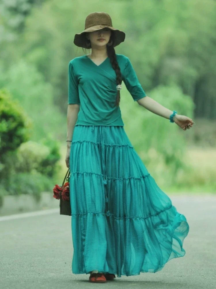 TIYIHAILEY Long Chiffon Maxi Boho Skirts For Women Bohemian S-XXL Summer High Quality Elasit Waist New Fashion Green 2024 New