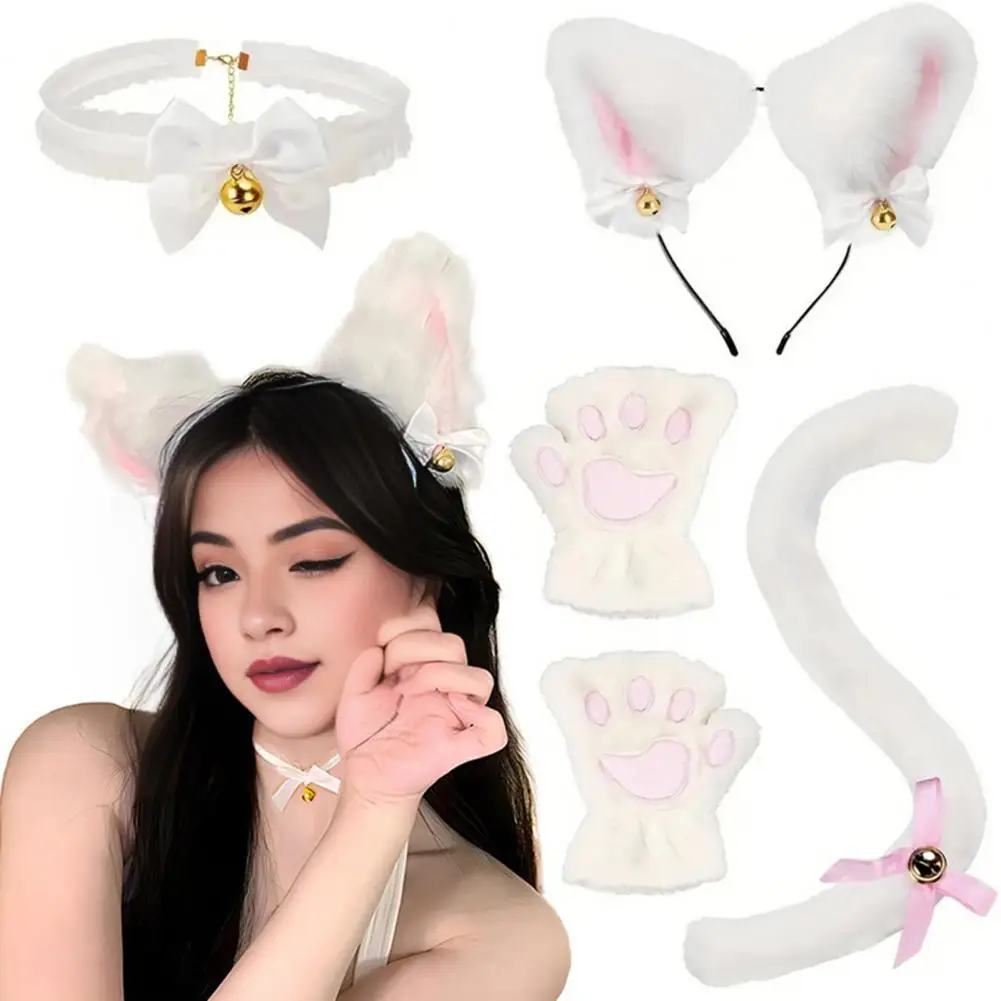 Bell Necklace Gloves Set Plush Cat Costume Accessories Set with Headband Necklace Gloves Tail Cosplay Cat Ear Bell for Dress