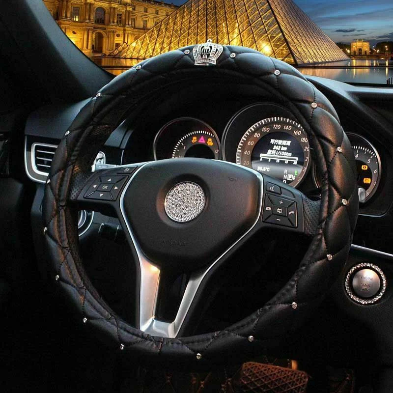 Microfiber Leather Car Steering Wheel Cover Luxury Diamond Crown Series Car Accessories Tissue Box Key Case Auto Interior Unisex