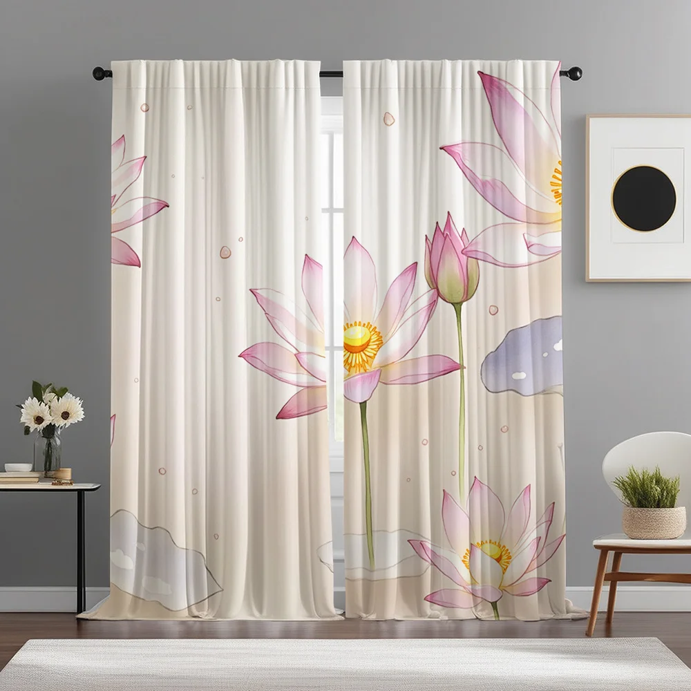2pcs Chinese Style Elegant Lotus And Leaf Printed Curtains, Featuring a Minimalist Artistic Design with Rod Pocket, Suitable for