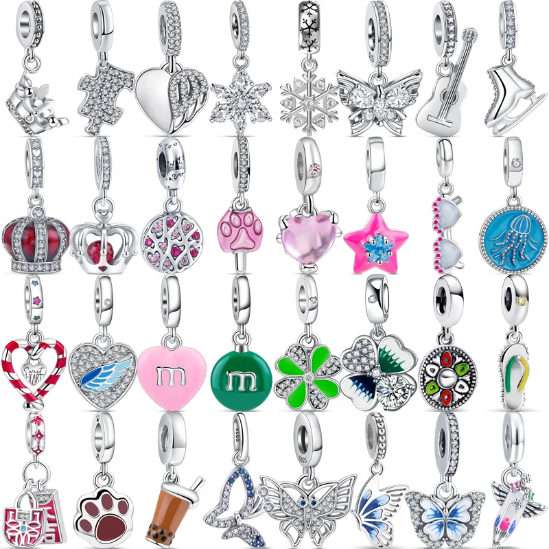 

925 Silver Crown Feather Butterfly Clover Double Candy Cane Heart Dangle Charms Beads Fit Pandora Original Bracelet DIY Jewelry