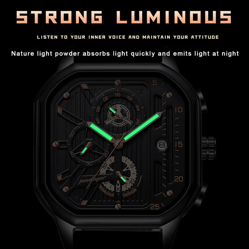 POEDAGAR Creative Hollow Men Wristwatches Luxury Rose Gold Steel Strap Square Watch Man Brand Waterproof Luminous Quartz Clock