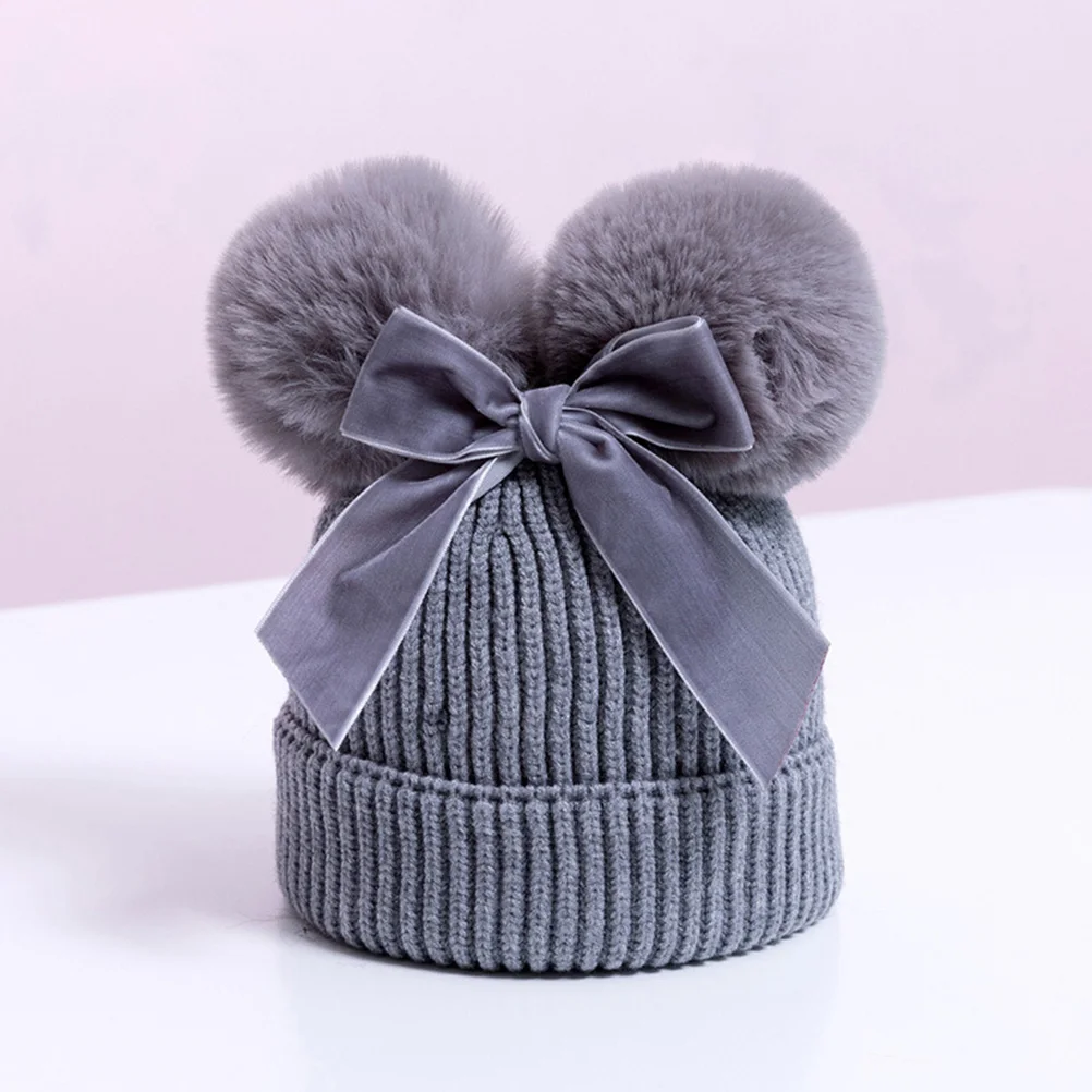 

Kids Knit Hat Grey Baby Girl Winter Bowknot Crochet Beanie Warm Cap For Photography Gift Present Handmade Elastic