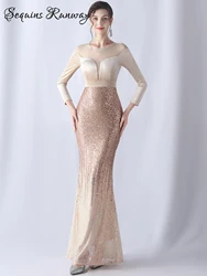 Sexy see through maxi sequin summer dress women elegant velvet fishtail birthday party dress long sleeve evening dresses vestido