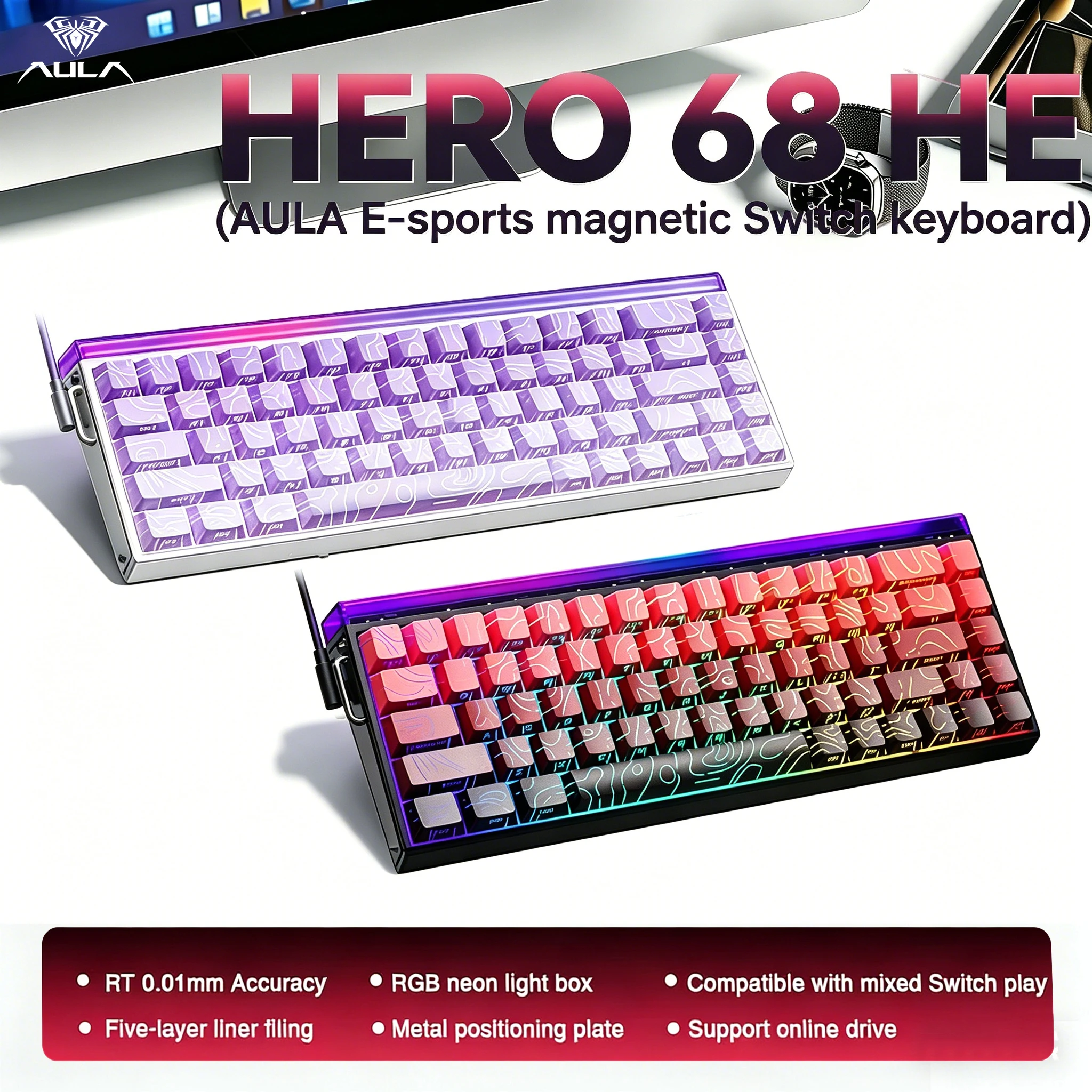 

AULA HERO 68 HE Hall Effect Gaming Keyboard 65% Wired RGB Hot Swappable 8K Polling 0.01mm Magnetic Switch for PC Gamers
