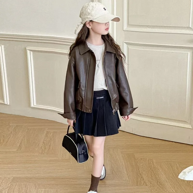 

2025 Autumn Spring Girls Leather Jacket PU Fashion Casual Windproof Teenager Kids Coats Brown Trendy Outerwear 5-14Years