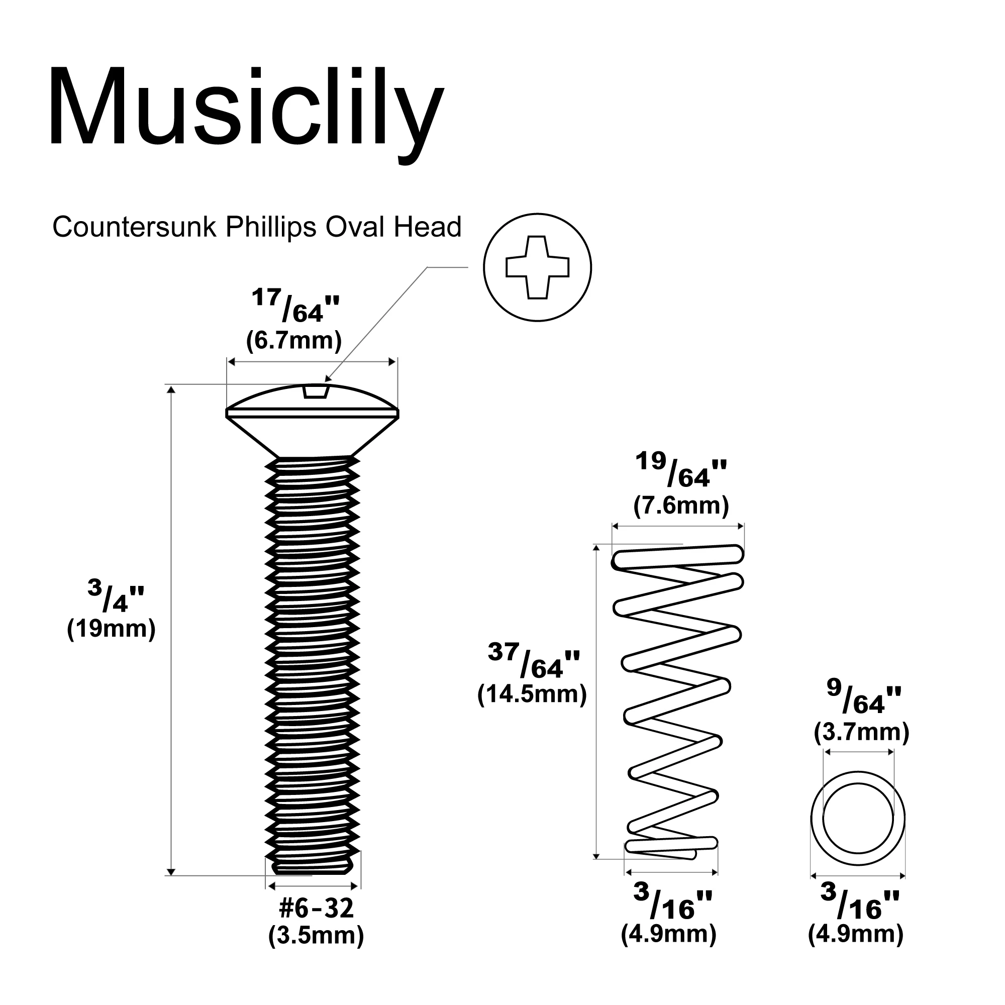Musiclily Ultra UNC#6-32X3/4 Inch Stainless Steel Single Coil Pickup Screws Springs Set for USA/Mexico Fender ST (Set of 6)
