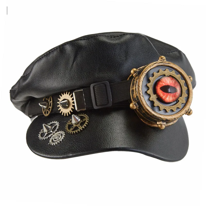 New Trendy Steampunk Newsboy Cap Black Pu Leather Punk Rivets Hat With Goggles Gothic Party Performance Cosplay Hat Accessory