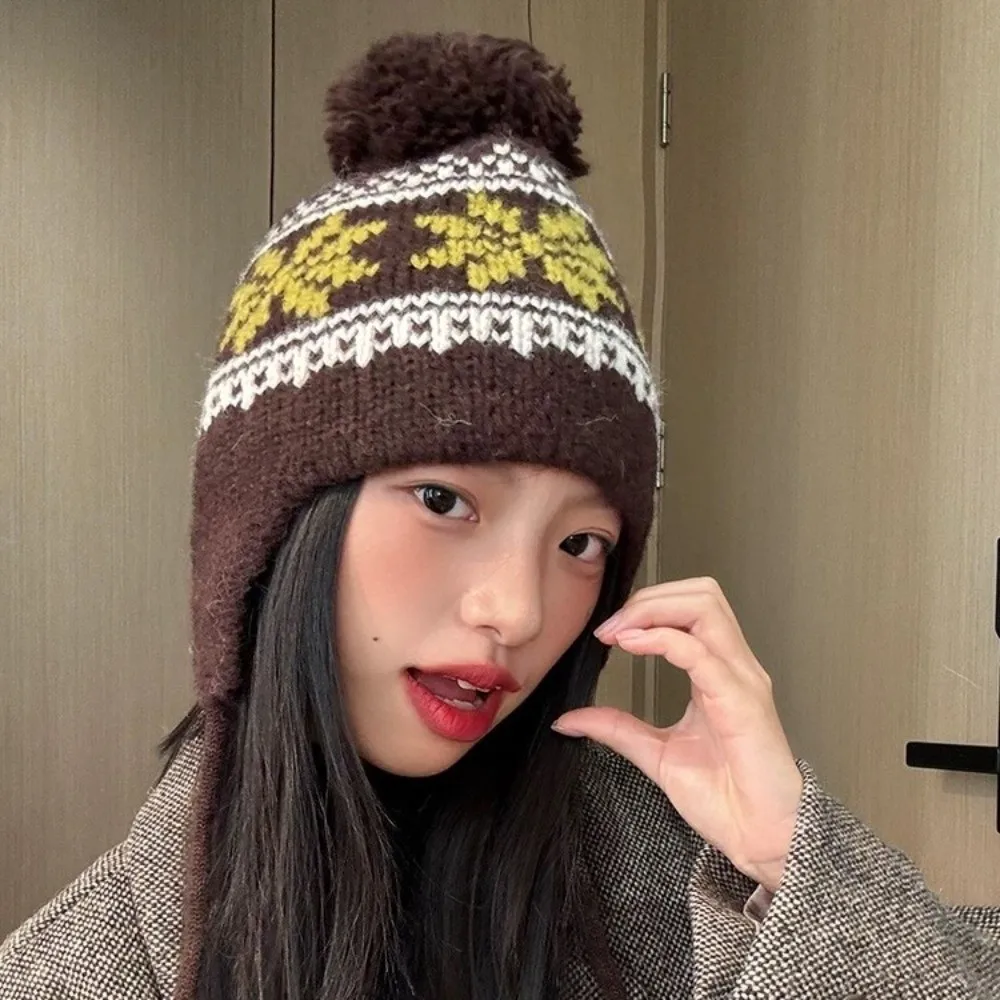 

Casual Korean Style Knitted Pullover Hat Wool Vintage Jacquard Woolen Hat Warm Retro Beanies Cap Autumn