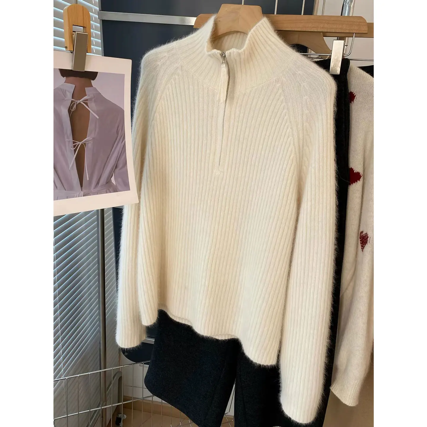 Half zip high neck 100% pure cashmere sweater for women in autumn and winter, pit striped wool knitted sweater