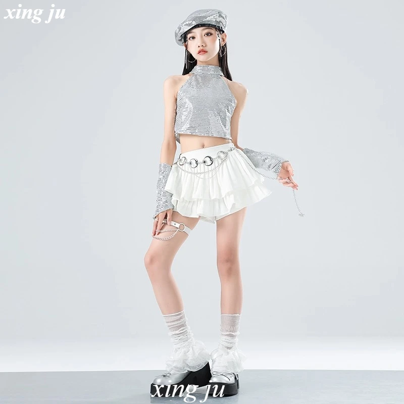 Gonna bianca per bambini Abbigliamento Hip Hop Costume jazz per bambini Ragazze Danza di strada Paillettes argento Halter Top Abiti per spettacoli teatrali
