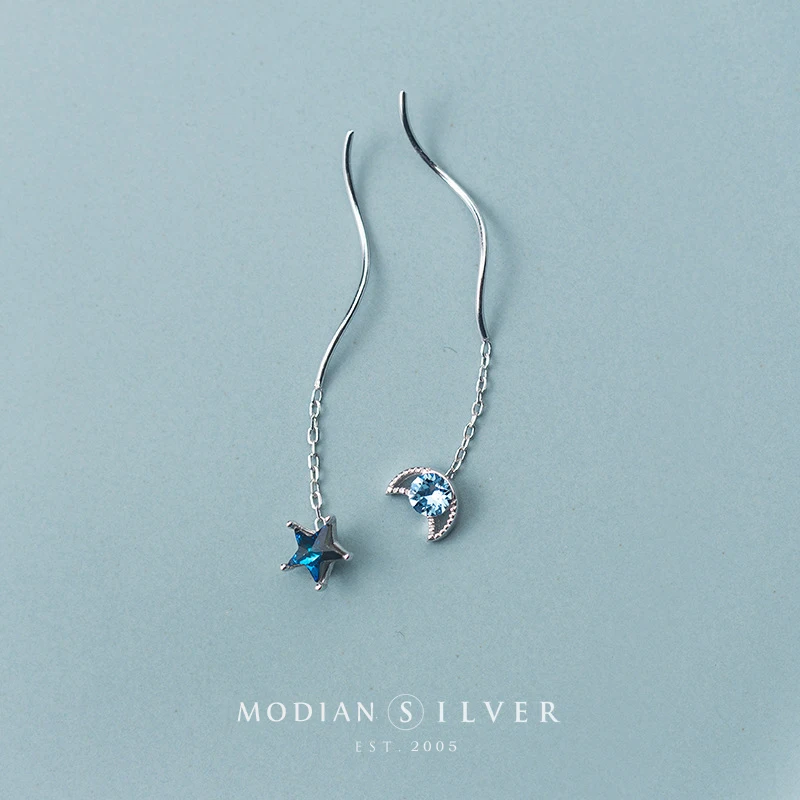 Modian Classic Long Chain Tassel Drop Earrings For Women Genuine 925 Sterling Silver Clear Blue Crystal Stars Moon Jewelry Gift