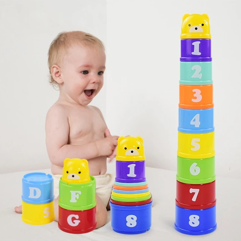 9pcs/set Kids Stacking Cups Toys Early Educational Figures Letters Folding Stack Cup Tower for Baby Fine Motor Skills Toy Gifts