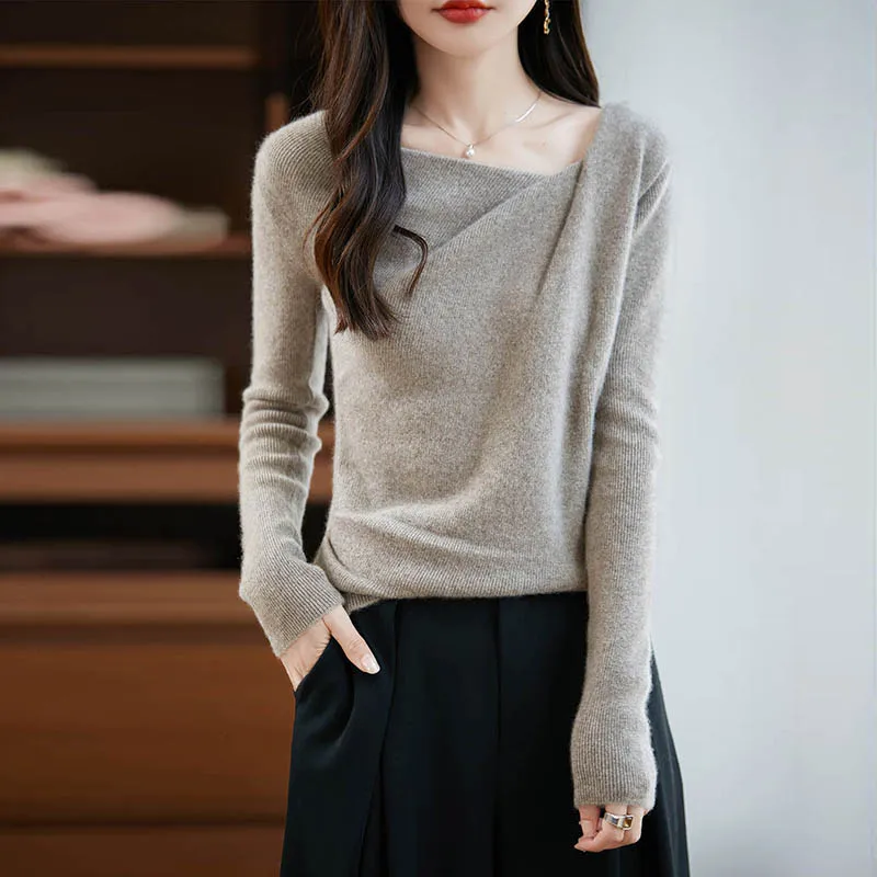 

Yoyoselect, женский пуловер из 100% мериносовой шерсти с рюшами и воротником, уютный свитер, мягкий теплый осенне-зимний вязаный топ, топы с длинными рукавами