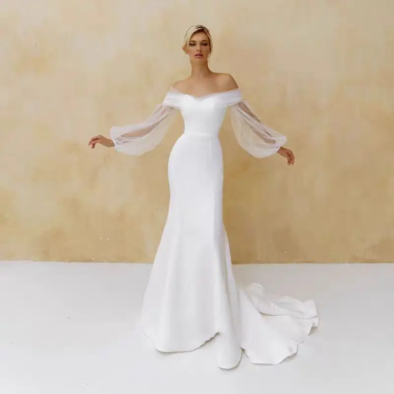 

Elegant Long Satin Off Shoulder Wedding Dresses Floor-length Mermaid Button Back Sweep Train Bridal Gowns for Women Long Sleeve