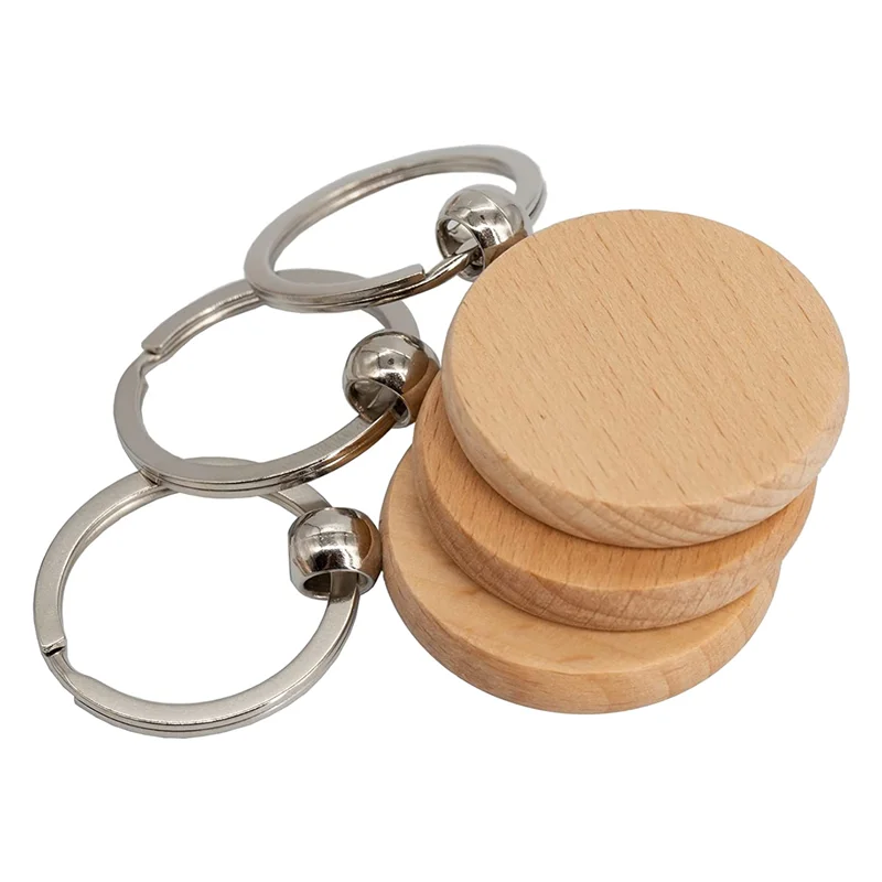 50 Piece Wood Carved Blank Wood Blank Keychains (Round)