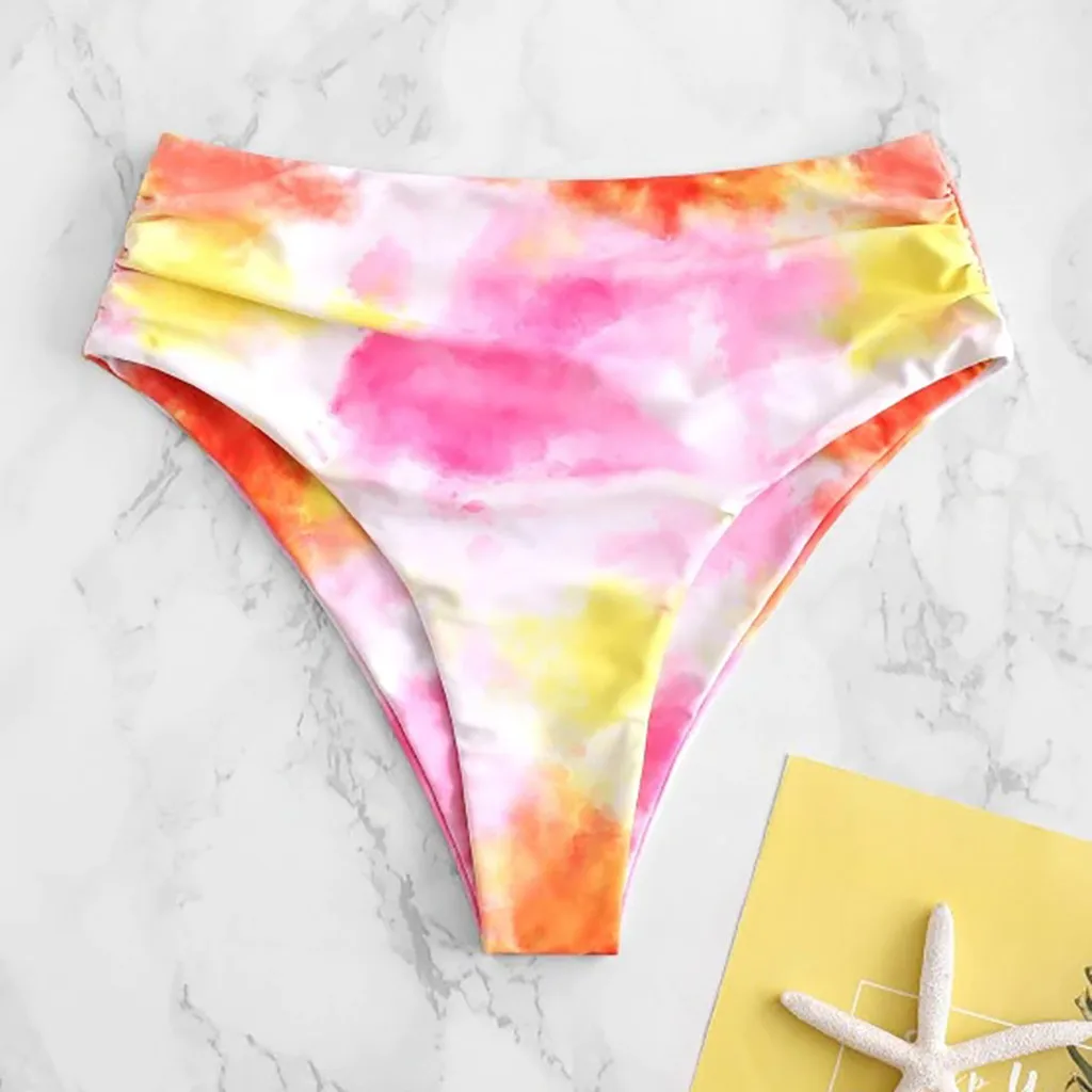 Kobiety z wysokim stanem marszczone spodnie od Bikini seksowne damskie różowe majtki kostiumowe spodnie wielokolorowe Tie-Dye Leopard kąpiące się majtki