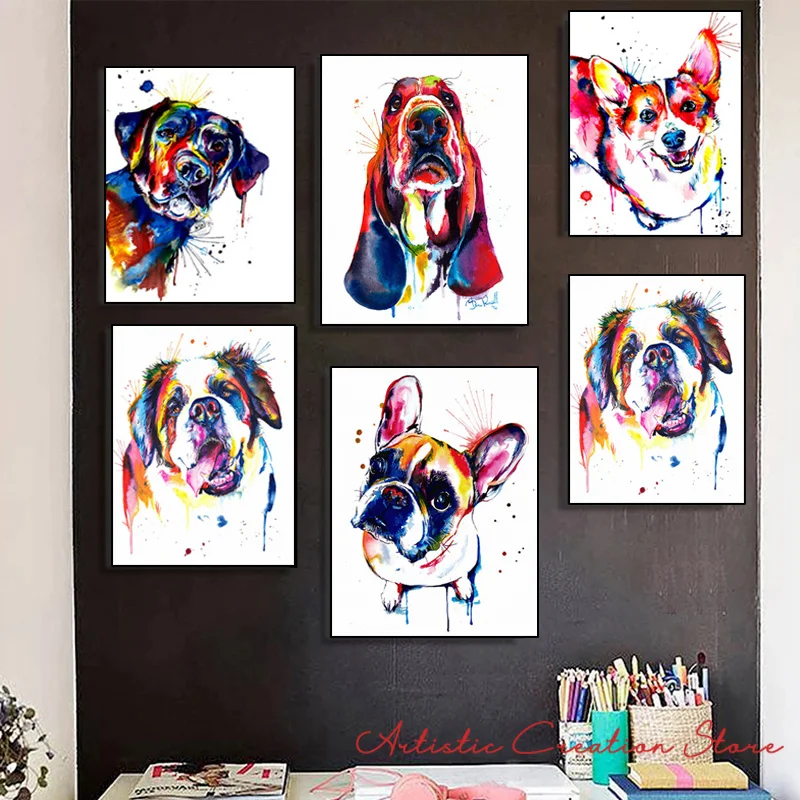 Watercolor Animal Dog Canvas Painting French Bulldog Labrador St Bernard Posters Abstract Wall Art Prints Pictures Home Decor