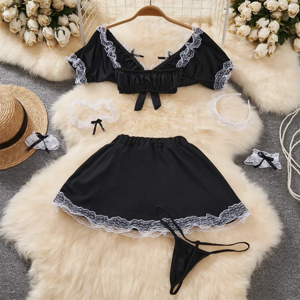 Sexy Hotsweet Women's Secret Clothes Maid Cosplay Uniform Sexy Lingerie V-Neck Crop Top Elastic Waist A-Line Short Skirt Set