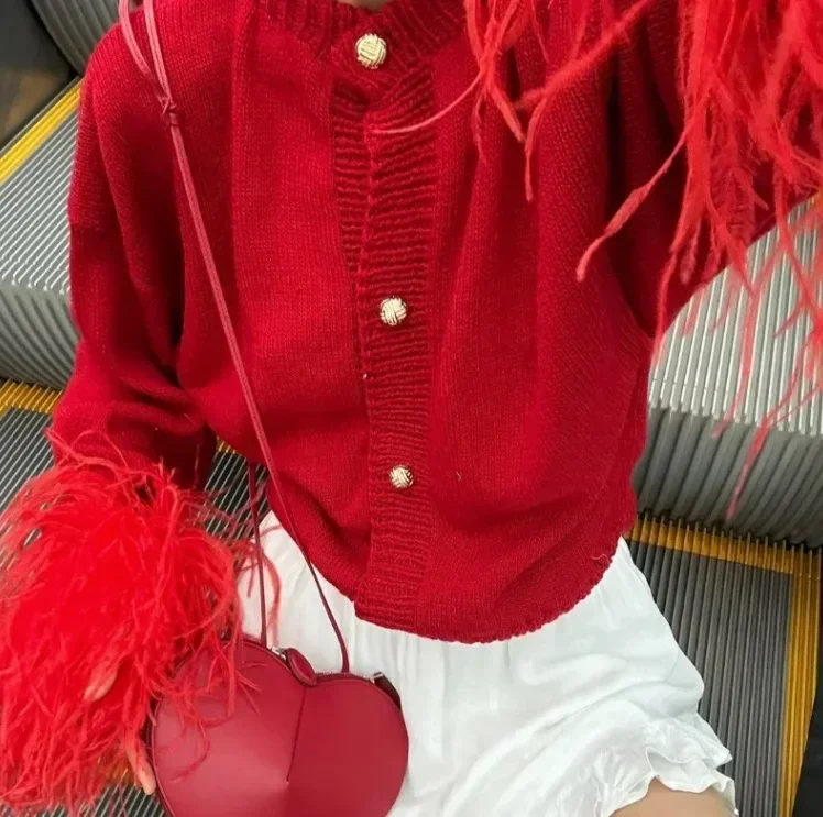 ريشة المرقعة سترة المرأة متماسكة موضة واحدة الصدر الياقة المدورة فضفاضة طويلة الأكمام البلوزات معطف أنيق غير رسمي للحفلات #3