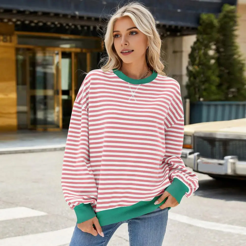 

Casual Long Sleeve Sweatshirt Striped Print Women's Sweatshirt with Contrasting Colors Elastic Cuffs Casual Fall for Daily