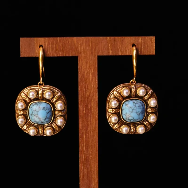 Medieval vintage inlaid pearl turquoise earrings retro classic stud earrings femininity elegant medieval earrings