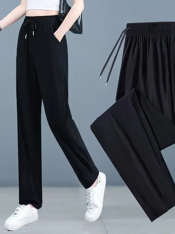 Summer Hit Thin Ice Silk Sports Pants Women Casual Straight Leg High Waist Quick Dry Air Conditioning Elastic Waistband