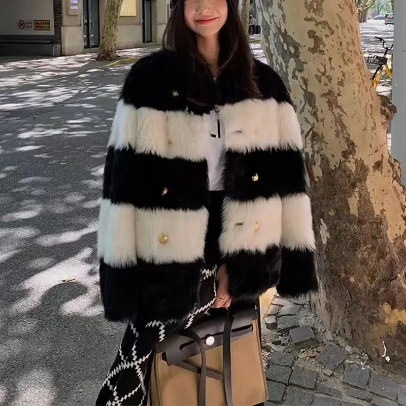 

2023 Furry Fur Coat Women Fluffy Warm Long Sleeve Outerwear Autumn Winter Coat Jacket Faux Fur O Neck Collarless Overcoat Q37