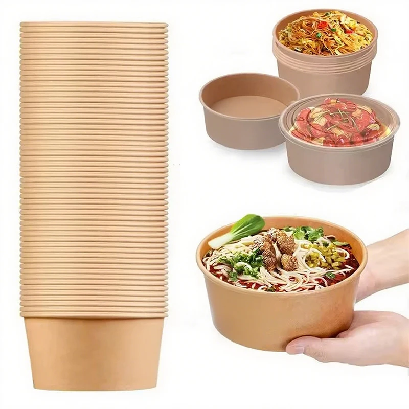 Kraft Paper Round Bowls Disposable Lunch Bento Box with Lids Meal Prep Container Salad Noodles Bowls Party Fries Fast Food Box