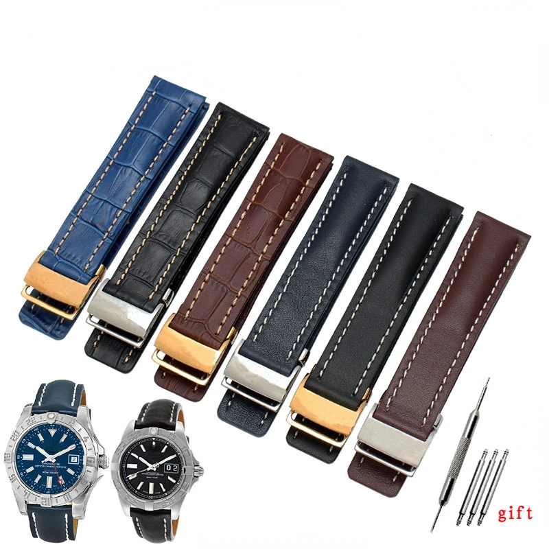 For Breitling men\'s Genuine Leather watchband Avenger/navitimer Premier Folding Buckle Soft strap 22mm 24mm Watch Band Bracelet