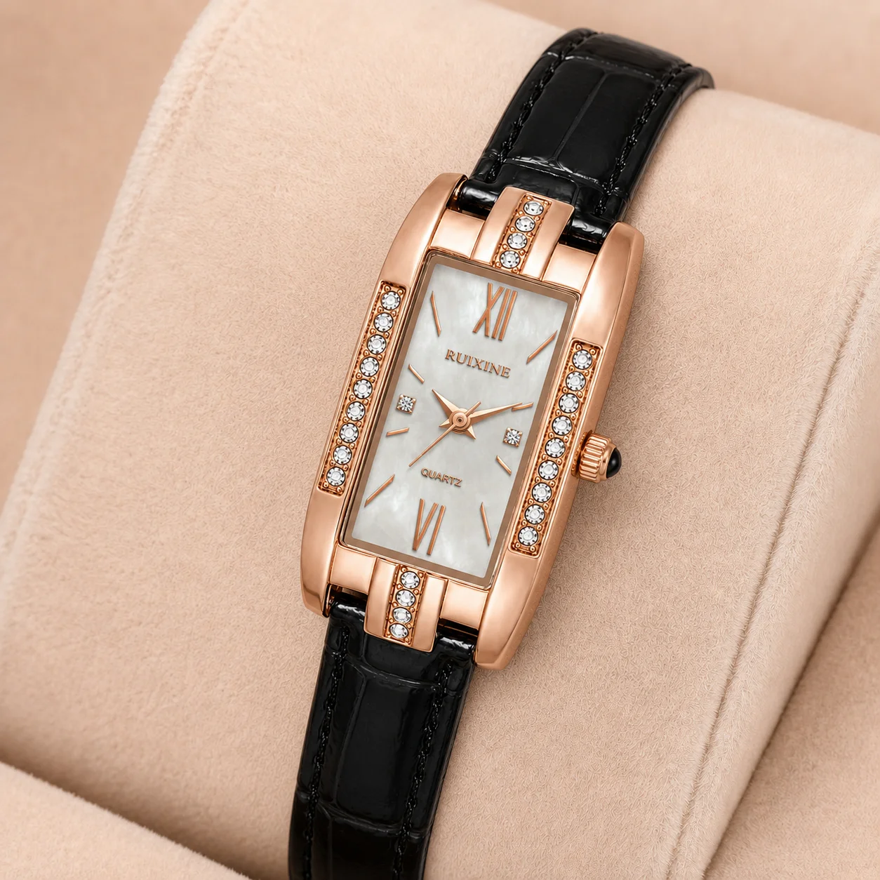 Rectangle Women Watch Rose Gold Case Rhinestone Inlay Roman Numeral Dial Black Leather Strap Elegant Ladies Quartz Wristwatch