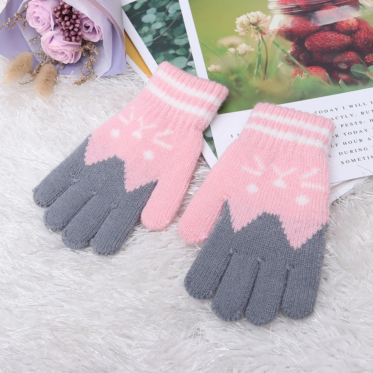 

Winter Girl Gloves Cozy Warm Knitted Imitation Pink Children Wool Gloves Soft Material Easy Match Outfits Winter Fashion