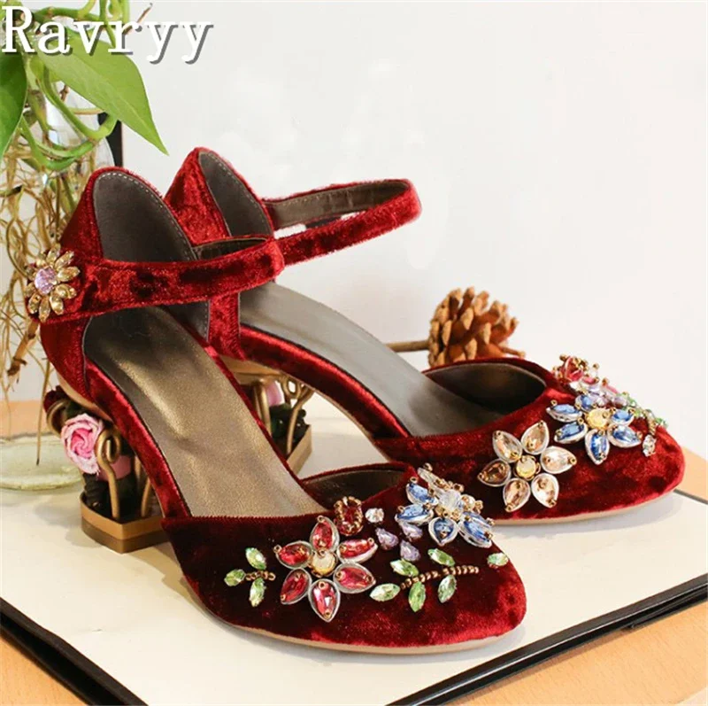 

Velvet Birdcage Heel Women Single Shoes Round Toe String Bead Crystal Flower Shoes Luxury Wedding Party Dress Pumps