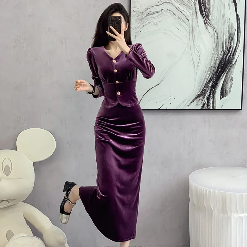 Autumn Top Skirt Two-piece Sets Women Elegant Banquet V-Neck Long Sleeve Slim Celebrity Style Velvet High Waist Solid Skirt Suit