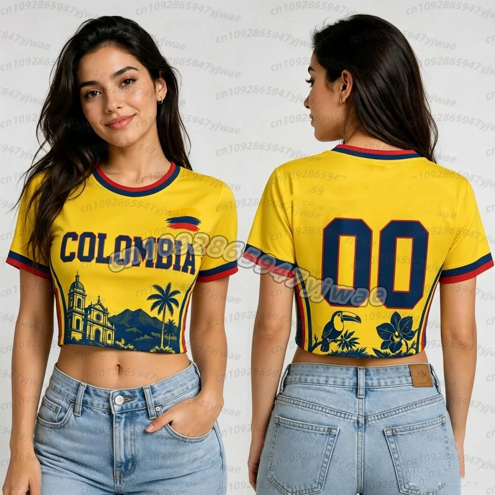 2026 Sommer Damen Kolumbien Fußball Cheerleader Fans Crop Top Trikot, Mädchen T-Shirt Damen Romantik Trikot, Kurzarm Damen T-Shirt – Detail 3