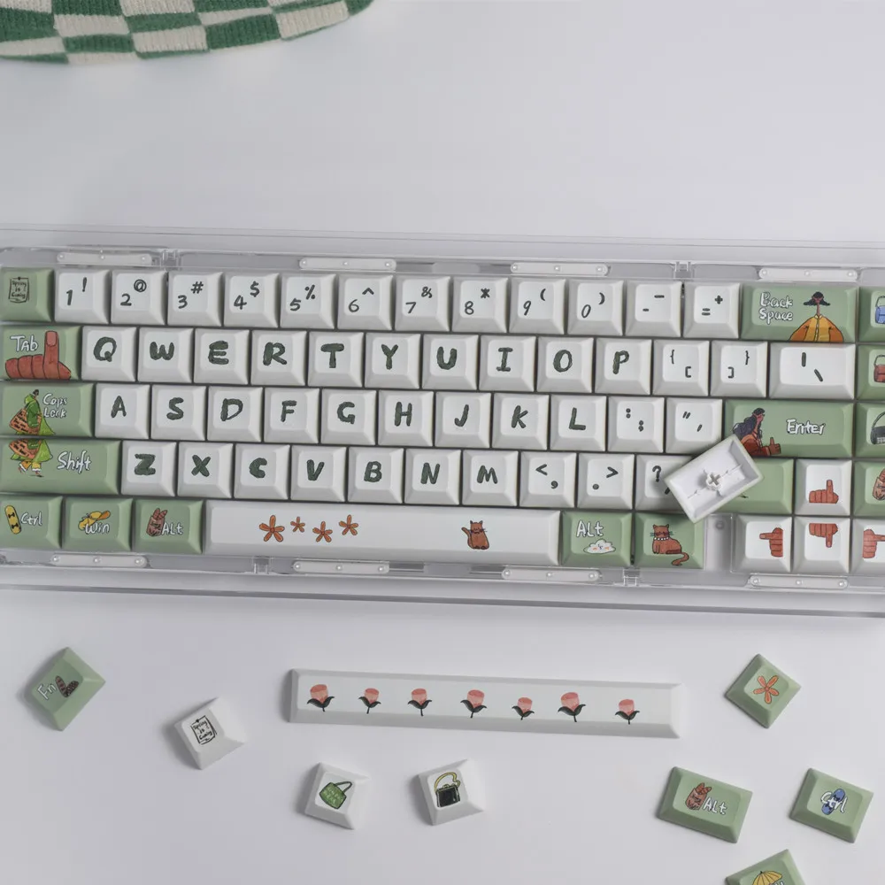 PBT Keycap Green Spring Sketch Style KCA Profile DYE Subbed 140 Keys ISO Enter For MX Switches Mechanical Gaming Keyboard