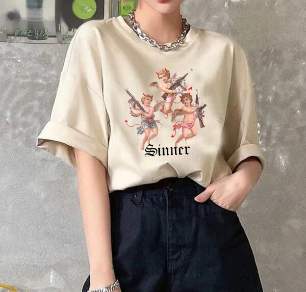 

1pcs Sinner Angel Baby Printed Femlae Kpop Tshirt White Loose Short Sleeve Top Streetwear Casual Graphic Tees