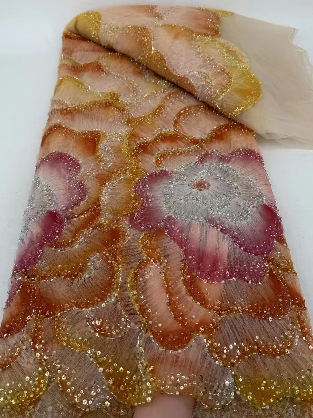 

Orange Luxury African Nigerian High-End Beaded Embroidery Lace French Sequins Net Fabric For Women's Wedding Party Dresses M41-1