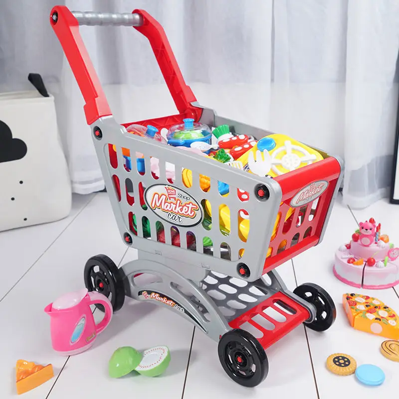 Pink Shopping Trolley Cart Supermarket Trolley Push Car Toys Basket Mini Simulation Fruit Food Pretend Play Toy for Children