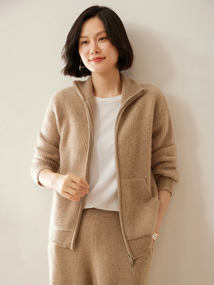 New Women's 100% Cashmere Sweater Stand-up Collar Zipper Cardigan Long Sleeve Sweater Coat Autumn Winter Thick Cashmere Knitwear