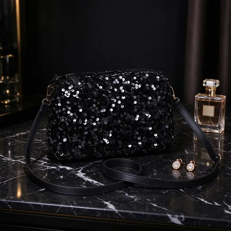 Women Sparkly Sequin Crossbody Bag Glitter Evening Shoulder Bag Mini Zipper Handbag for Party Wedding Night Out Club