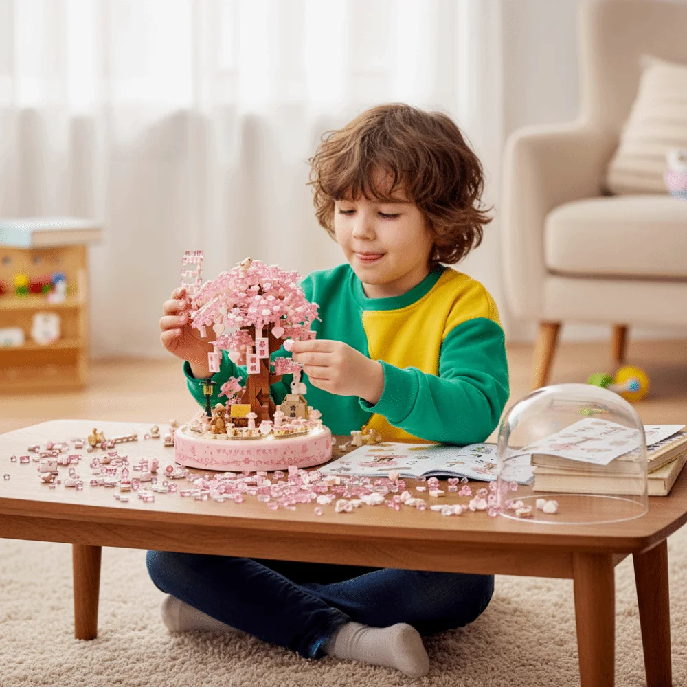 Bloques de Construcción de Árbol de Sakura con Luz Ambiental, Diseño Exquisito, Microbloques de Construcción, Bloques de Ensamblaje de Flores, Decoración de Plantas en Maceta